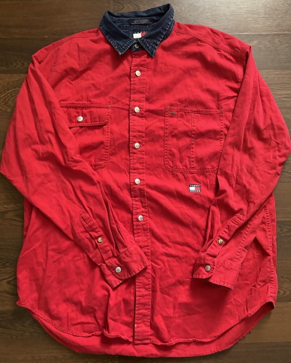 Tommy Hilfiger Jeans Mens Shirt L Red Vintage 90's Denim Collar Metal Buttons
